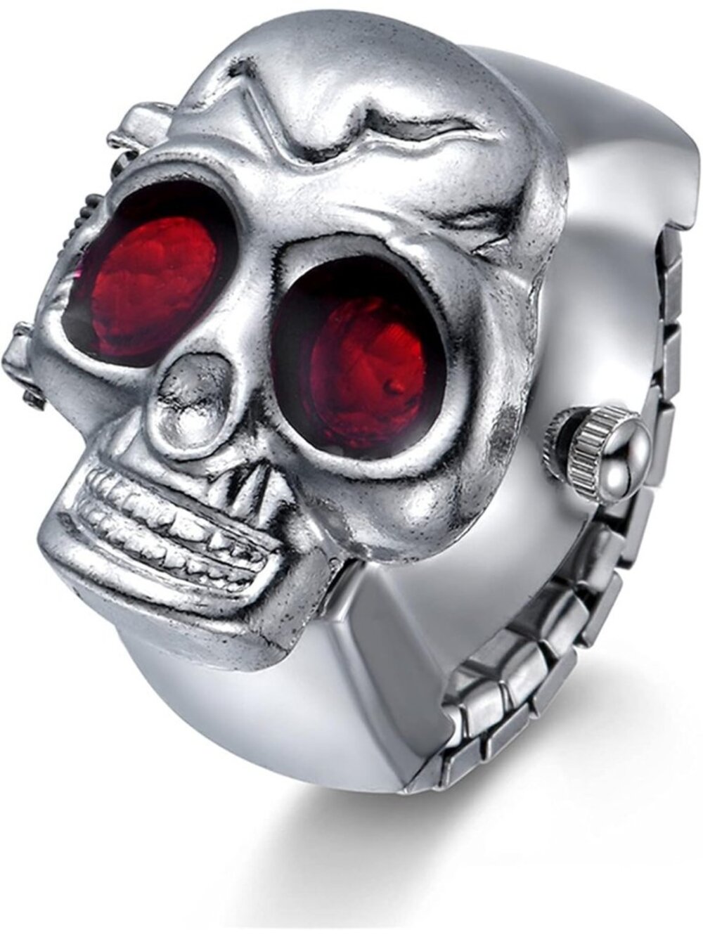 Unisex Silver And Red Analog Punk Skull Flip-Open Adjustable Finger Ring Watch